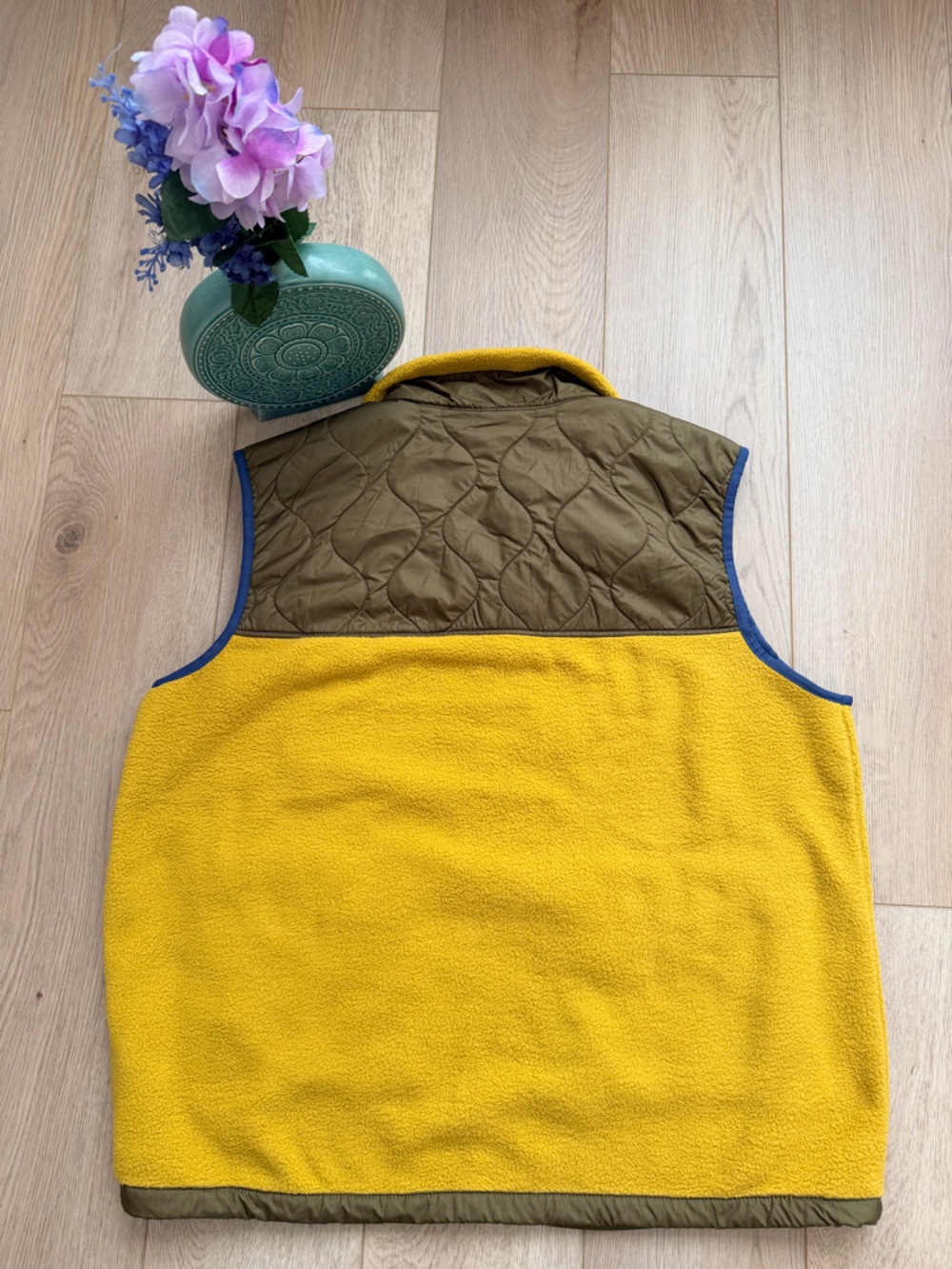 The North Face Yellow Fleece Vest with Olive Patch Pockets and Blue Trim - Picture 4 of 11